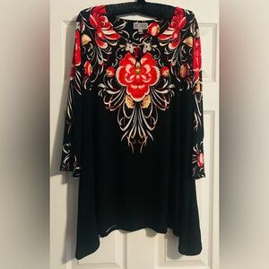 JM Collection Keyhole Neck Flared Tunic 3/4 Sleeve Floral Print w/Rhinestones 2X